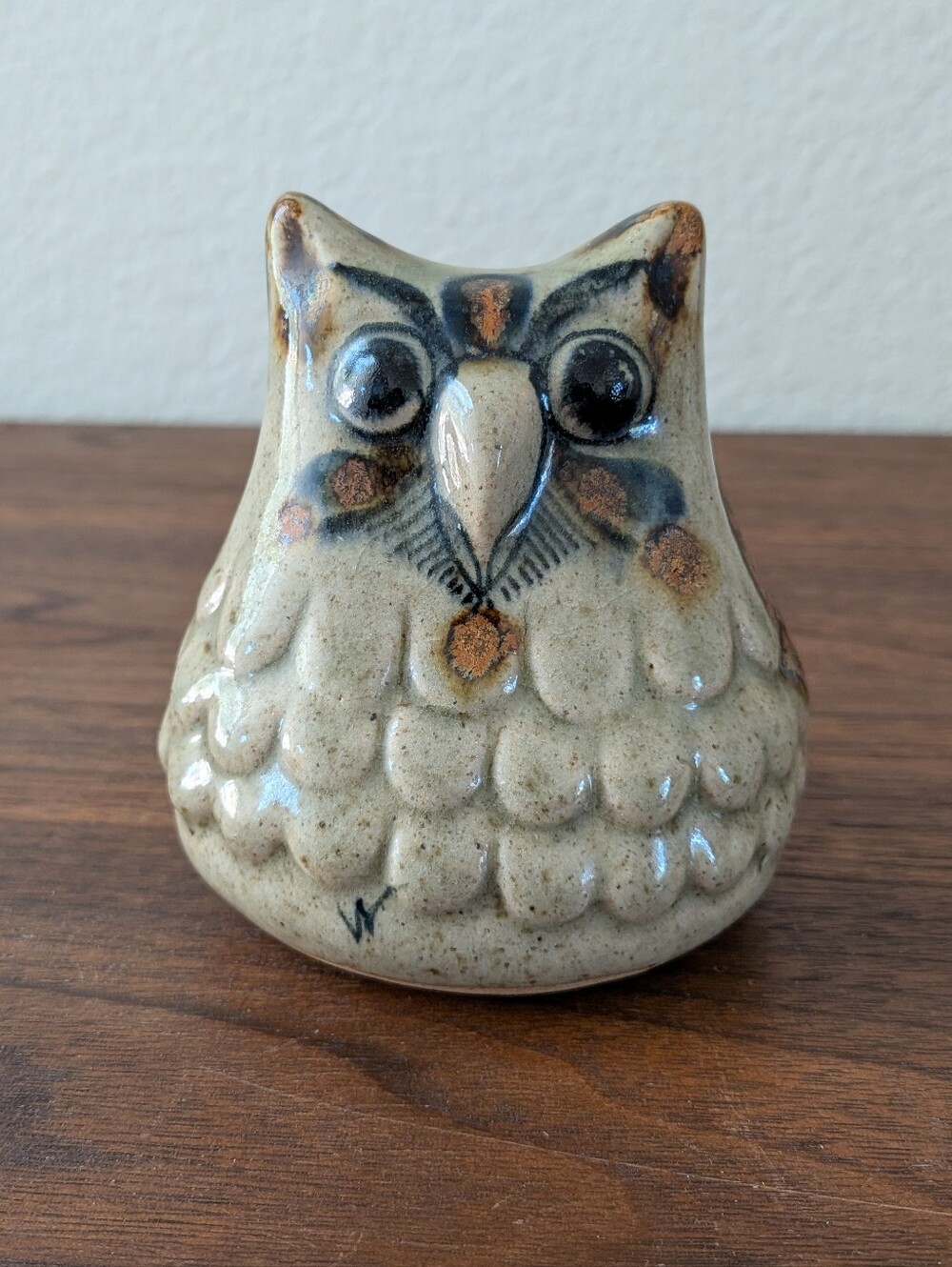 Jorge Wilmot Signed Tonala Owl Figurine Mexican Folk Art Pottery 3.75" Signed W